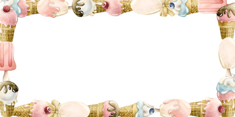 Cute ice cream popsicle frame. Watercolor hand painted summer food isolated illustration card invitation baby shower