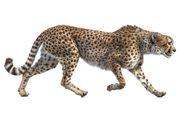 agile cheetah running mid-sprint, spotted coat, determined posture, perfectly centered and fully isolated on a plain 