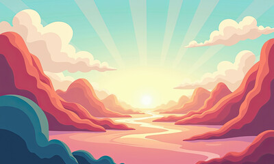 Sunset Mountains River Landscape Illustration - Vibrant color palettes