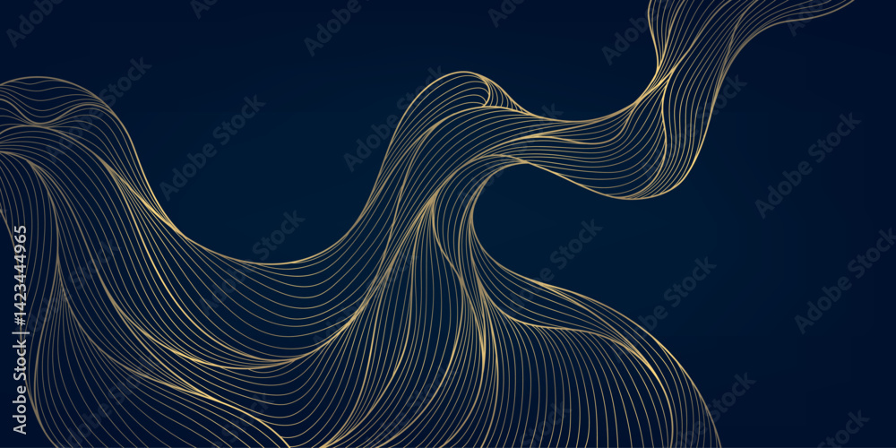 Poster vector abstract golden wave on dark backgrounds. thin line modern premium shape, premium curve glitt
