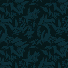 Simple monochrome two-color seamless pattern with flowers silhouette.