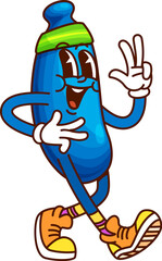 Cartoon groovy berry character with happy face on fitness sport, vector personage. Retro groovy haskap or honeysuckle berry character jogging in fitness headband with funky smile and hippie gesture