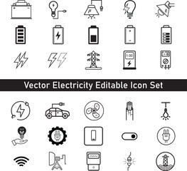 Vector Electricity Editable Icon Set. Include light icon, battery icon, electric car icon, wire icon, network icon, fan icon etc.