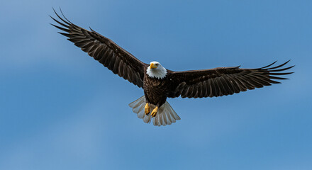 Obraz premium Eagle Flying Against a Clear Blue Sky with Wings Spread