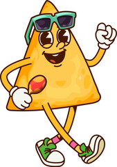 Mexico tortilla nacho chip groovy cute character. Fastfood crispy chip cartoon happy mascot, Mexican tortilla meal groovy vector cute character. Nacho funny personage playing maracas in sunglasses