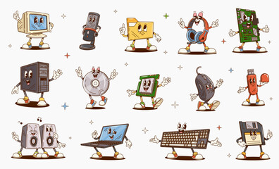 Groovy computer device characters. Cartoon retro hippie personages of desktop pc and laptop electronic equipment. Vector groovy keyboard, monitor, usb and microphone, motherboard, mouse and headphones © Vector Tradition