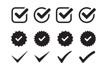 Checkmark icon set, approved symbol, checked checkbox mark, checkmark set black c,,ghek mark icon set. vector illustration eps 10.