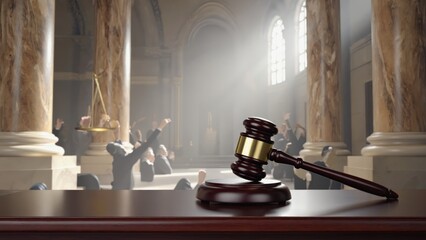 The courtroom is where legal proceedings take place. A judge sits at a bench with a gavel, and lawyers represent their clients.