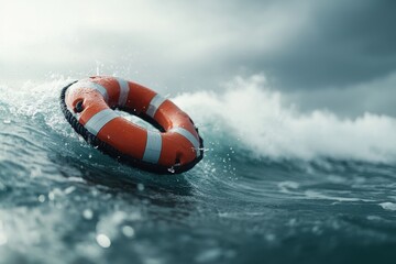 Naklejka premium A bright orange lifebuoy floats in turbulent ocean waves under a dramatic sky, symbolizing safety and rescue at sea.