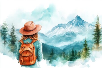 A person in a hat and backpack gazes at a beautiful mountain landscape, surrounded by pine trees and a serene, watercolor sky.