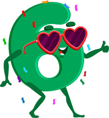 Birthday holiday celebration, cartoon math number and digit six character celebrate party with heart shaped sunglasses and falling confetti. Isolated vector funny digit 6 personage exudes festive vibe