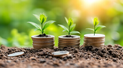 Three Saplings Growing From Stacks of Coins in Soil