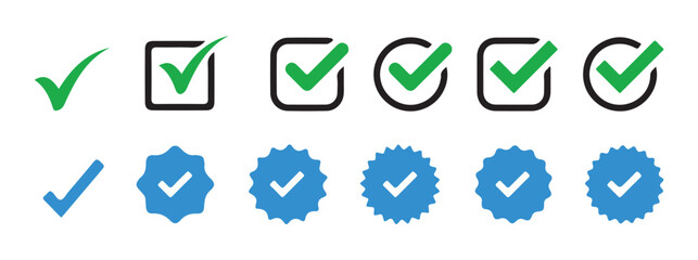 check mark and Verified badge vector icons collection. Green check mark icon. Tick symbol. Accept okay symbol. Vector Illustration