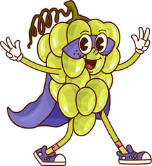 Groovy superhero grapes fruit character in cape and mask. Cartoon vector funny berry defender retro personage flashing peace signs. Cheerful fairytale healthy food, brave bunch of grape garden plant