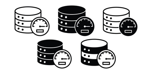 Database Performance Icons Black and White Speedometer and Server Stack Illustrations Vector Design