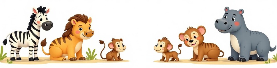 Naklejka premium Set of charming cartoon safari animals including zebras, monkeys, and hippos on a white backdrop, animals, zebra