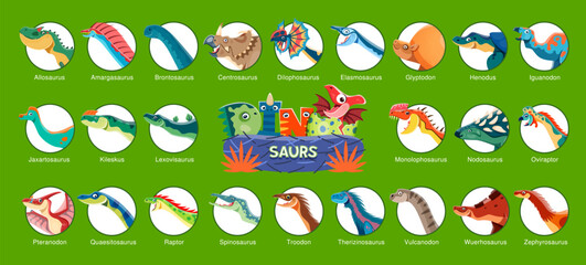 Cartoon prehistoric dinosaurs infographics. Vector set of colorful dino icons labeled with names. Round paleontology avatars or emblems showcasing variety of species in a playful and educational style © Vector Tradition