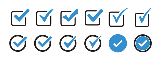check mark and Verified badge vector icons collection. Green check mark icon. Tick symbol. Accept okay symbol. Vector Illustration