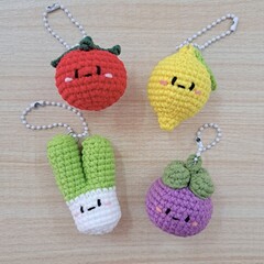a little crochet keychain -  tomato, lemon, onion, mangosteen