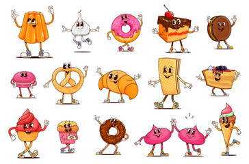 Bakery, sweets and desserts groovy characters. Vector set of cartoon donut, cake, wafer and cookie. Meringue, pretzel, ice cream and cupcake, croissant, macaroon and muffin pastries treat personages