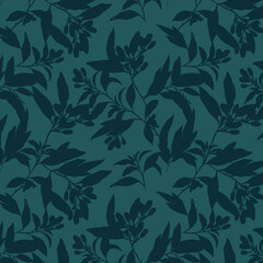 Simple monochrome two-color seamless pattern with flowers silhouette.