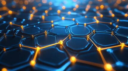 Obraz premium Abstract blue and orange hexagon network digital technology background 3d web data grid cyber lines