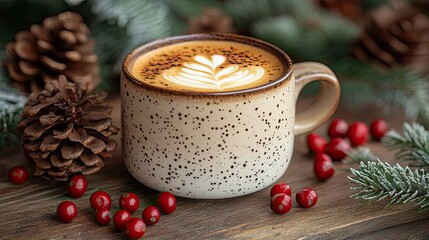 Cozy coffee cup adorned with latte art surrounded by pine cones and berries, perfect for a warm winter ambiance