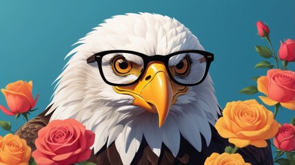 A stylized eagle with glasses perched among colorful roses, blending elements of wildlife and floral beauty.