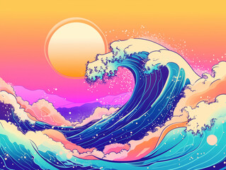 A stylized wave rise beneath a colorful sky and sun