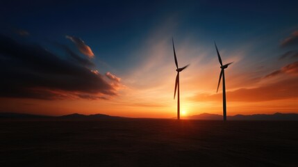Obraz premium Two wind turbines stand silhouetted against a dramatic orange and blue sunset sky over a flat landscape.