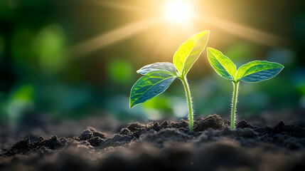 Two Green Seedlings Emerging from Dark Soil in Bright Sunlight