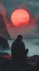 Obraz premium A solitary figure gazes at a massive red sun setting over a misty ocean landscape