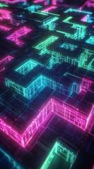 Obraz premium A vibrant, digital maze design showcasing glowing neon pathways in pink and teal, perfect for futuristic technology and abstract concepts.