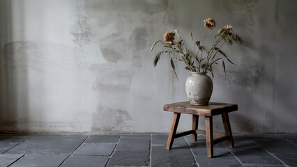 Vase with dried flowers on wooden stool in minimalist, rustic interior setting.