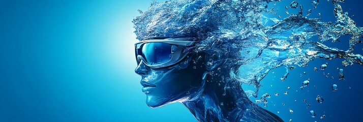 A dynamic portrait of a swimmer with goggles, emerging from water, showcasing motion and fluidity against a vibrant blue backdrop.