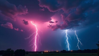 Fiery clash of lightning bolts in stormy night sky, fiery, clash