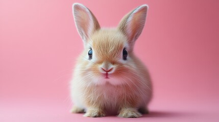 Obraz premium Charming close-up of a fluffy bunny against a pink backdrop invoking tenderness