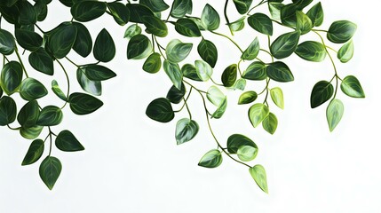 Obraz premium Lush, green leaves cascading against a clean white background, perfect for nature themes, home decor, and fresh botanical aesthetics.
