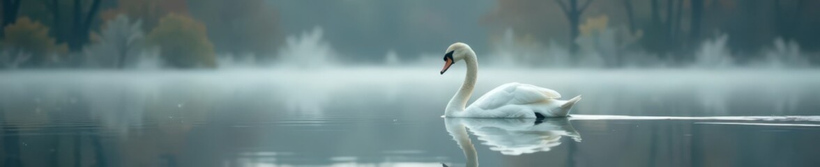 Graceful white swan glides on misty lake, perfect reflection , peaceful, waterfowl, photography