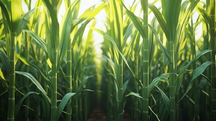 Lush green cornfield with tall stalks and vibrant leaves, capturing the essence of agriculture and crop growth in a sunlit environment.