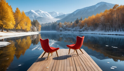 Red chairs on dock at lake in autumn winter landscape scenic view background wallpaper stock photo