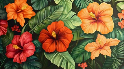 Fototapeta premium Vibrant tropical hibiscus flowers with rich green leaves, showcasing an array of colors including red, orange, and pink, perfect for enhancing any decor.