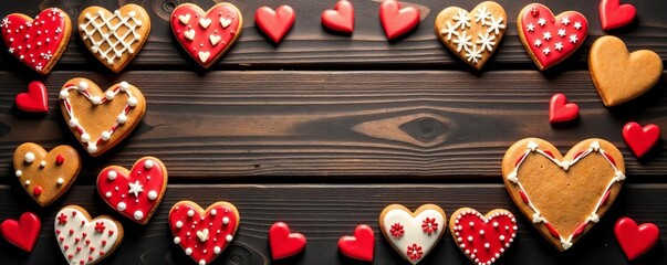 Festive background with gingerbread hearts on wood texture, ideal for Christmas or Valentine's Day designs, Christmas, gingerbread, holiday