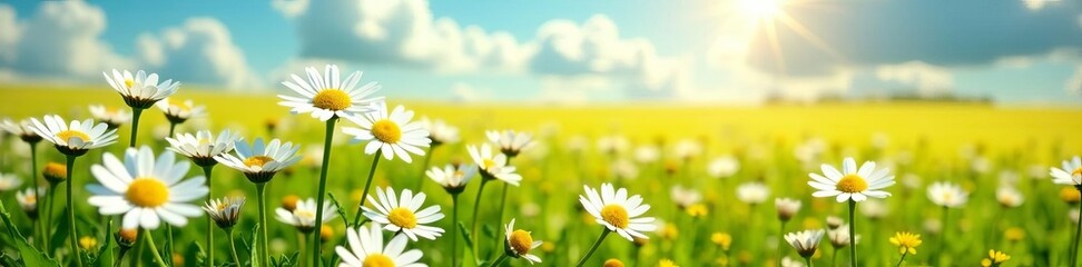 Field of white and yellow daisies stretching across the horizon, botanical, field, sunny © Krit
