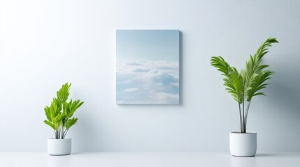 Fototapeta premium Blank vertical canvas mockup hanging on a white wall between two green potted plants in a minimalist room.