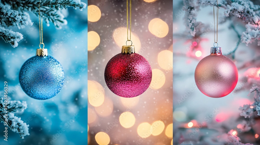Poster christmas ornaments hanging from a fir tree branch with snowflakes falling