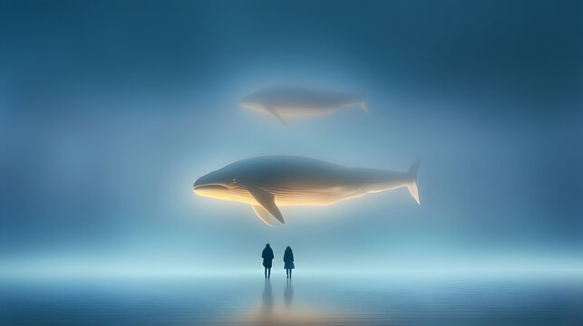 Two figures gaze in awe at colossal whales suspended in a dreamy, ethereal mist, bathed in soft, golden light.