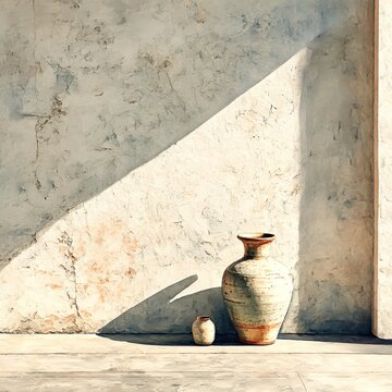 Watercolor painting of two rustic ceramic vases against a textured sunlit wall. The warm shadows and rough textures evoke Mediterranean calm and timeless elegance.