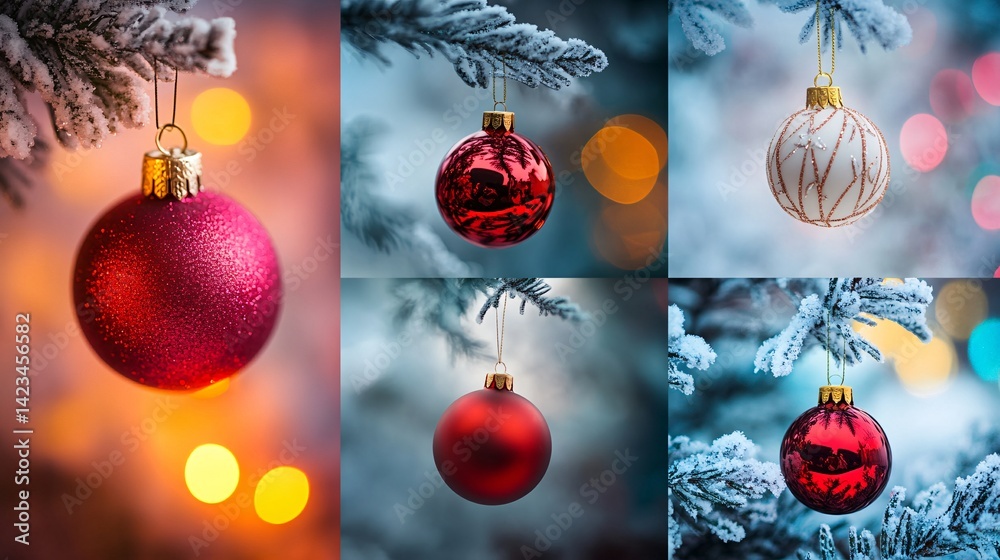Poster red and white christmas baubles hanging on a snowy christmas tree branch with lights in the backgrou