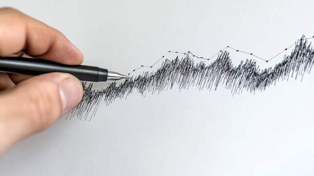 Hand drawing a detailed black ink stock market graph upward trend pen data line chart white paper